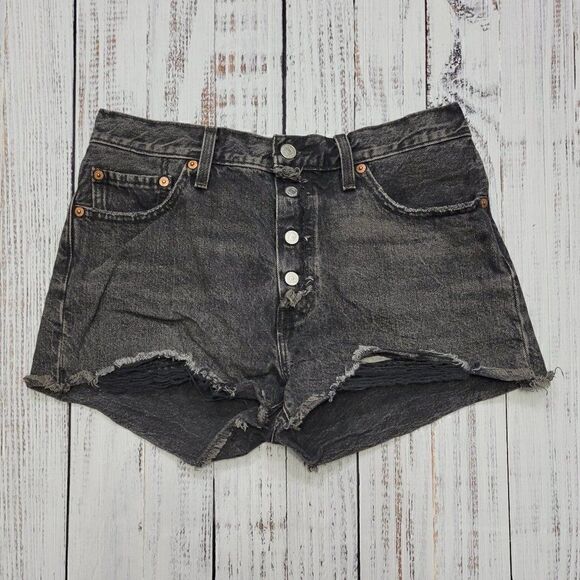 Levi's 501 Women's Size 28 Black Button Fly Distressed High Rise Denim Shorts - Picture 1 of 6